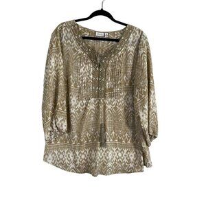 Kim Rogers Top Women 2X Tan Western Neutral Studded Tassel Artsy Boho Peasant